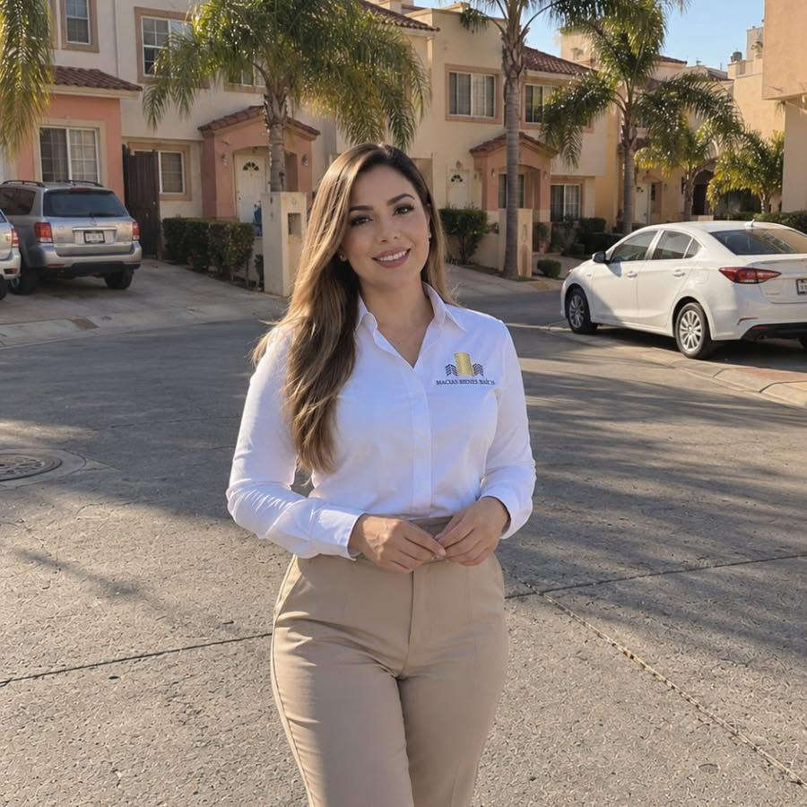 Asesora de Macias Bienes Raíces frente a casas en Tijuana